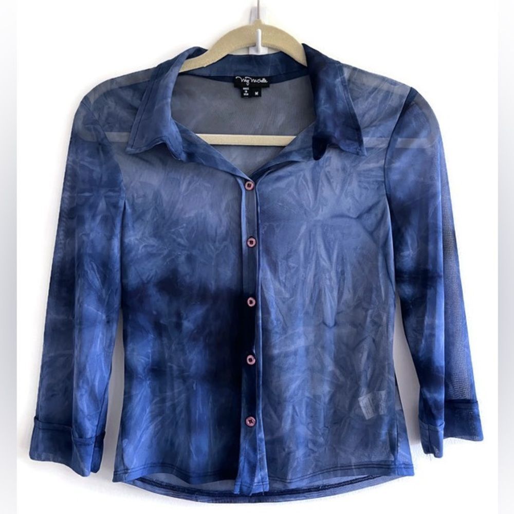 Y2K Vintage Blue Ice Dyed Button-Up Top S/M